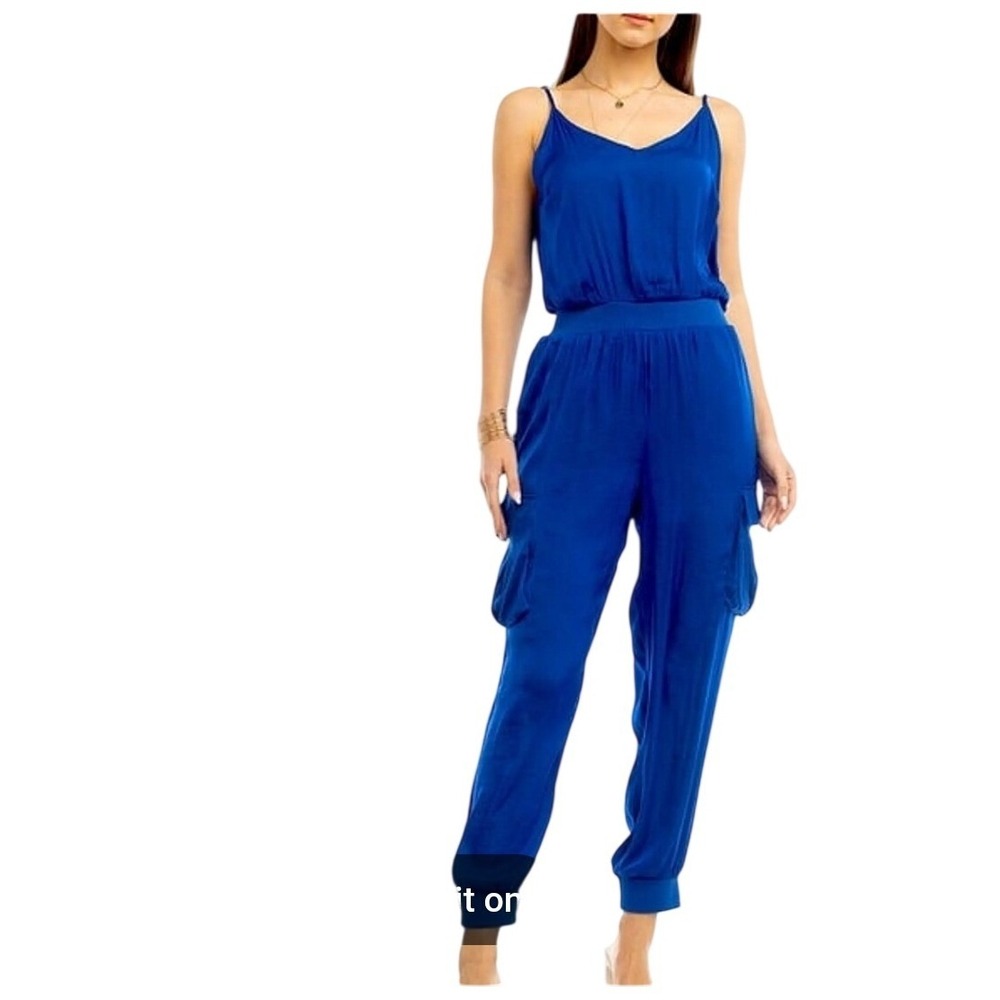 Amanda Uprichard Royal Blue Cargo Jumpsuit V-Neck Tie Cuff Size M romper Luxury